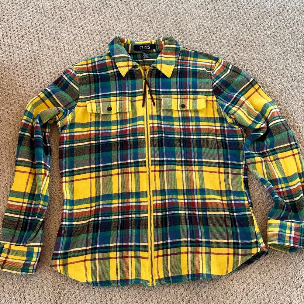Chaps Plaid Flannel Shirt Zipper Front Colorful Sm
